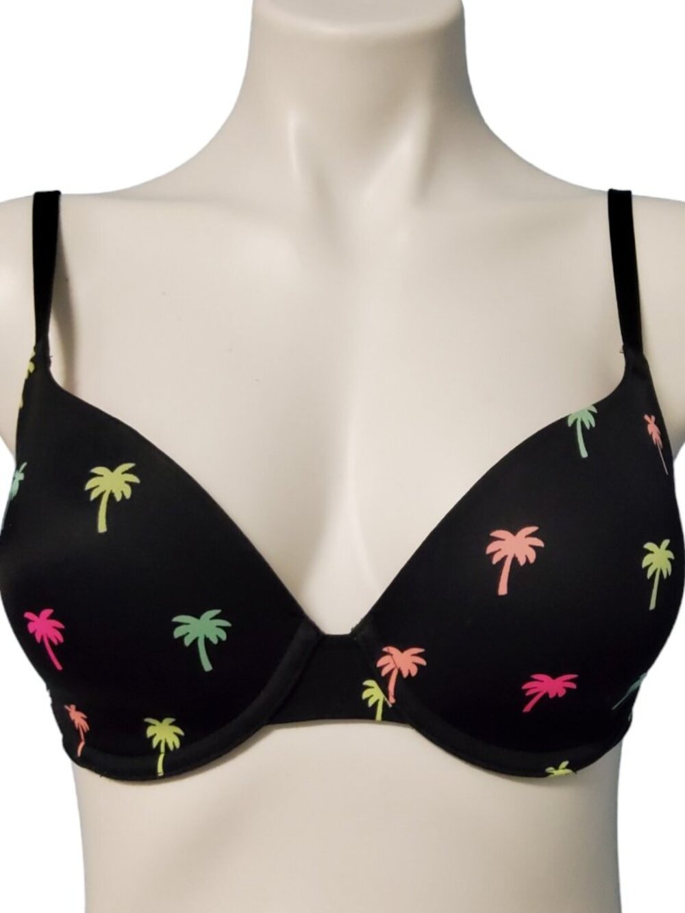 PINK Victoria's Secret Bra 32D Black Palm Tree Wear Everywhere Lightly Lined